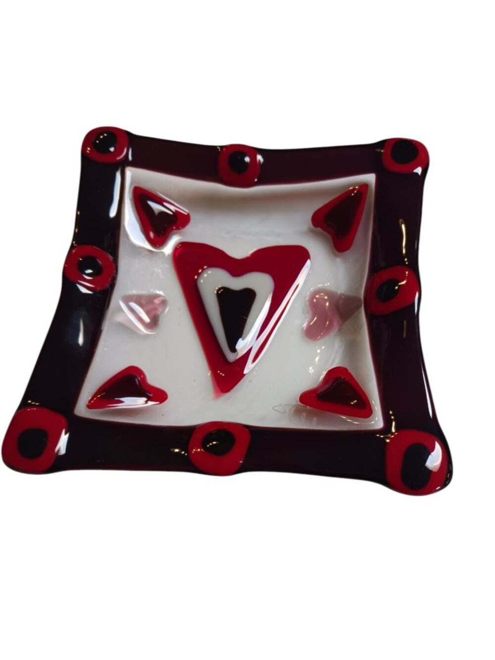 2008 Signed "J. Mule" BC Fused Glass Heart Dish 8" Canadian Folk Art - Picture 3 of 11